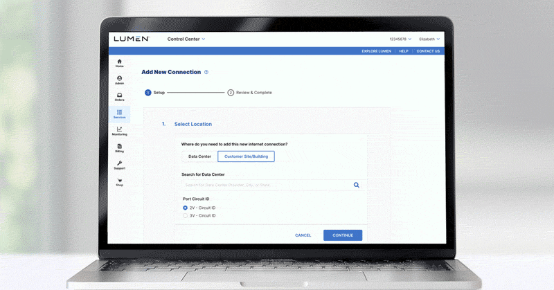 Laptop with demo of adding connections on the Lumen NaaS Manager.