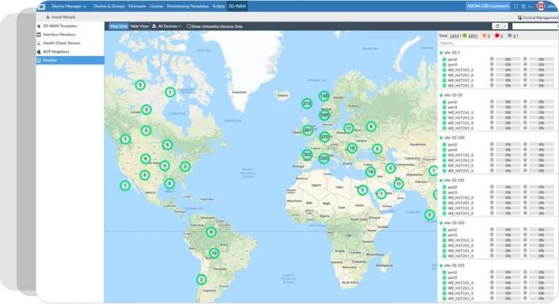 Webpage showing a SD-WAN global monitoring map in a management portal. 