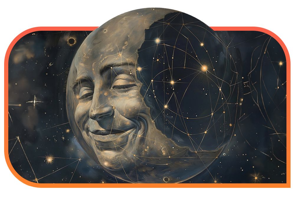 The man in the moon surrounded by constellation lines and stars with part of the moon obscured by a dark area