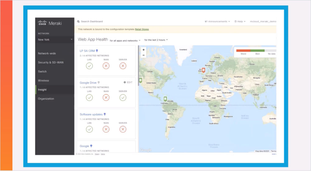 Dashboard view of SD-WAN with Cisco Meraki application with connectivity insights and global map