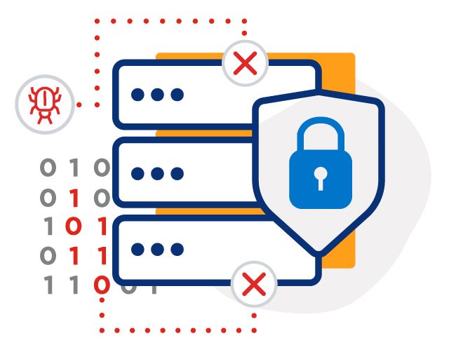 Illustrated server stack overlaid with a blue lock and shield next to a bug representing malware.