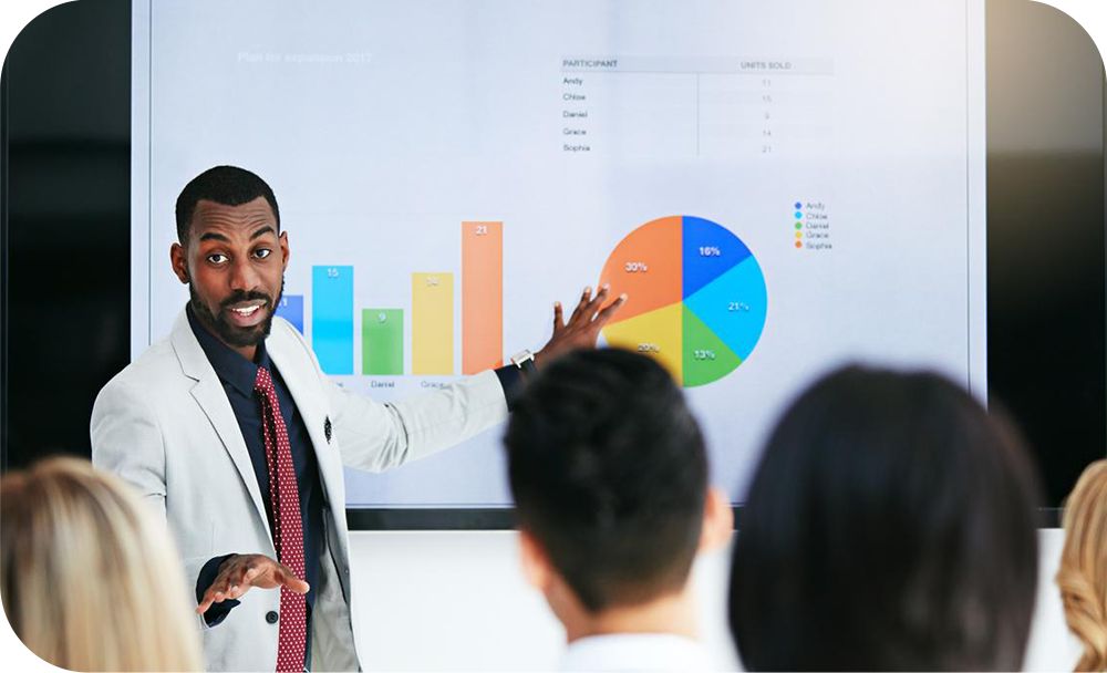 A businessperson gives a presentation showing two multi-colored charts to a room full of people