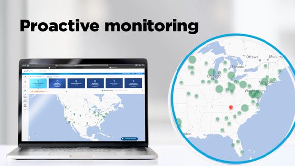 Laptop screen shows proactive monitoring of fiber locations in North America, based on the bandwidth available.