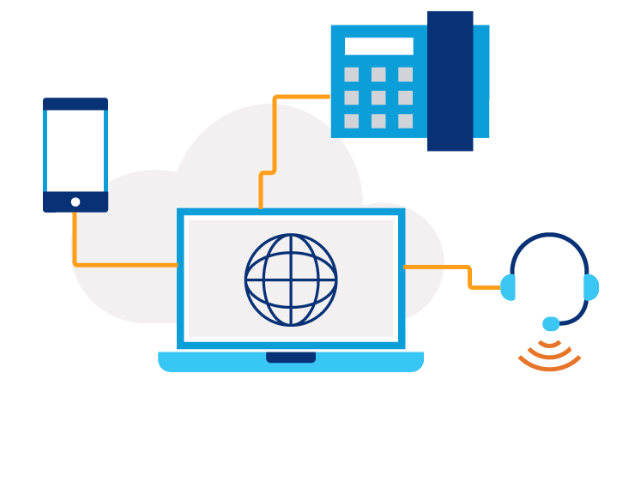 Illustration of a laptop screen with a globe icon on it and three lines connecting a phone, headset and building icon