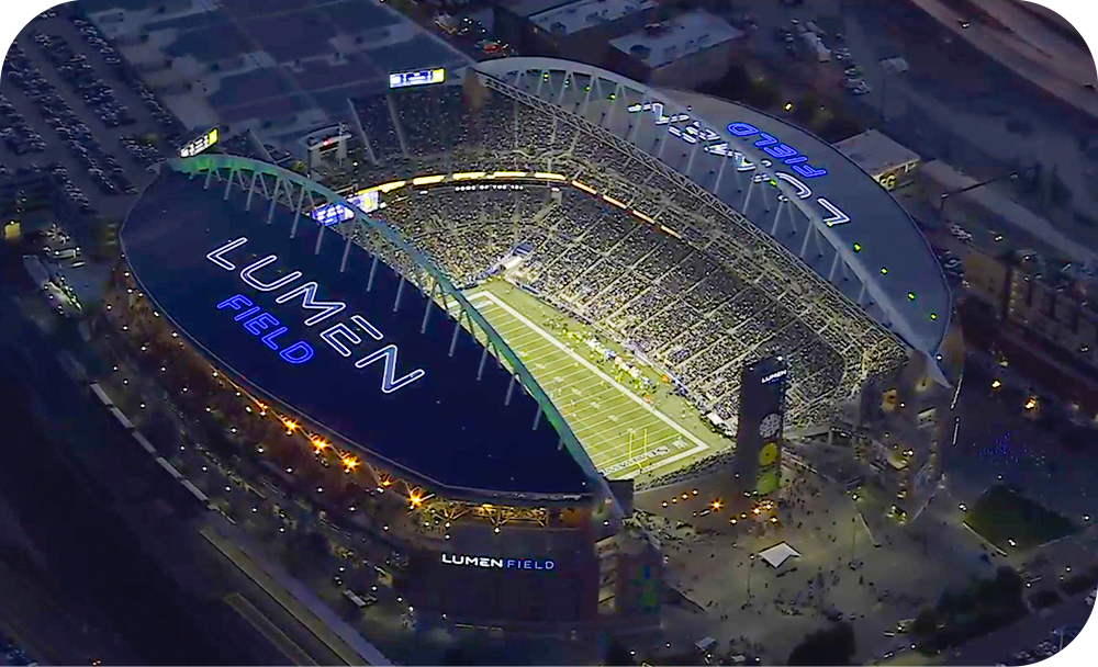 Aerial view image of Lumen Field at nighttime