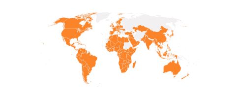 World map with countries highlighted to represent service availability 
