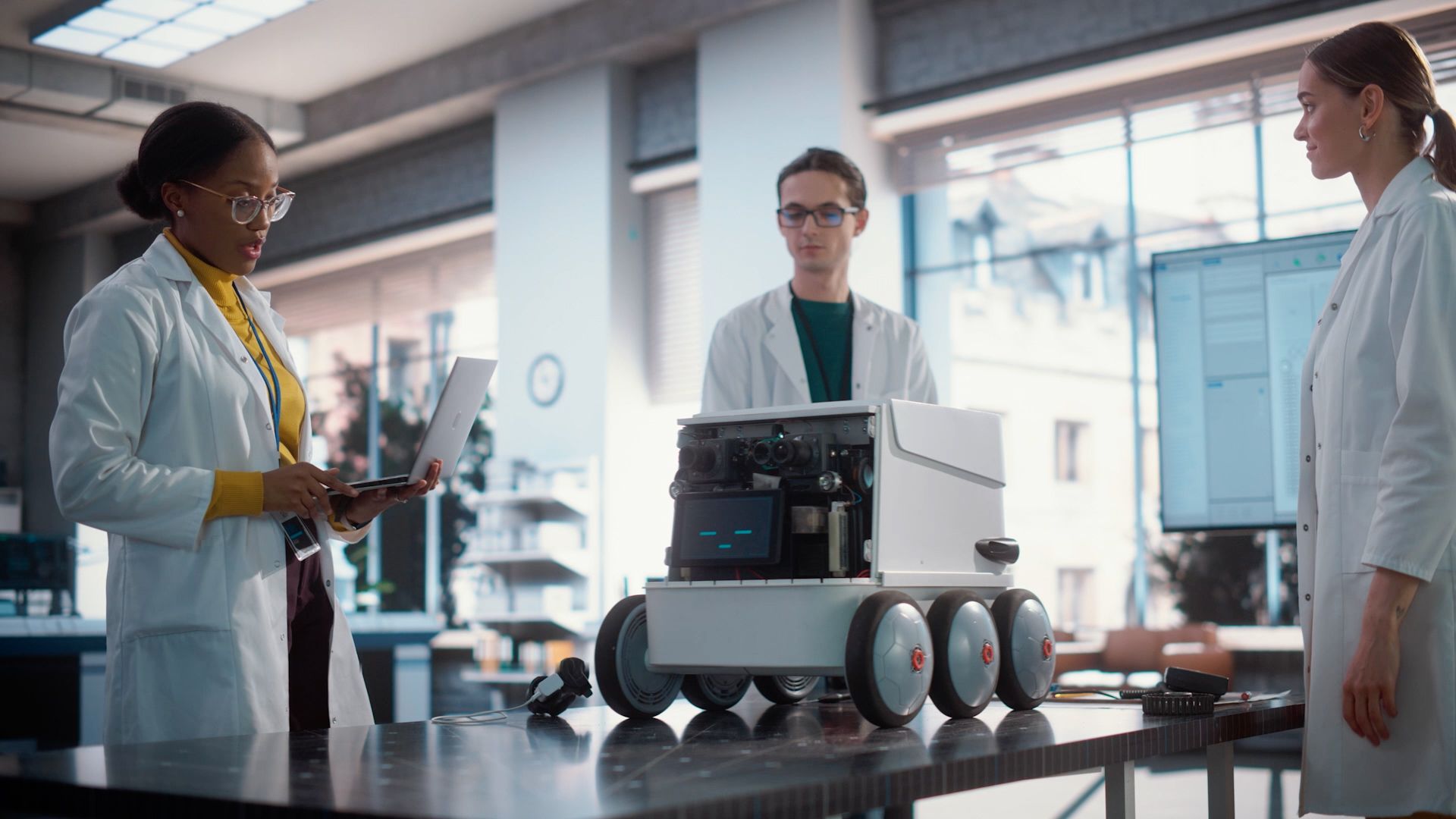 Scientists in lab coats examine a small wheeled robot on a table using a laptop for analysis.