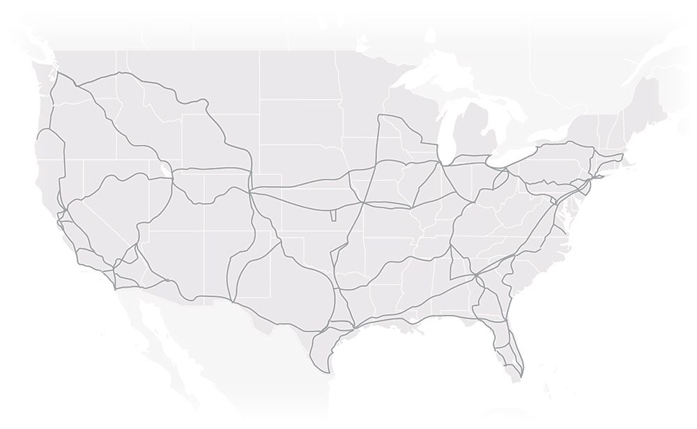 Illustrated map of the continental US with lines depicting network routes across the county. 