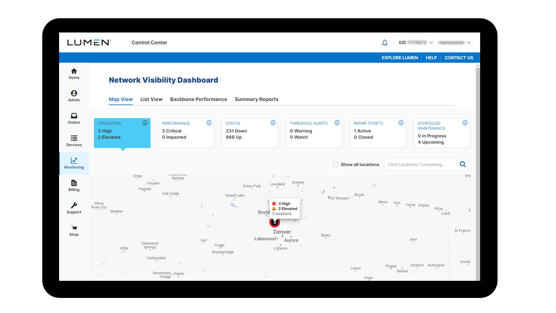 Tablet with the Lumen Control Center’s Network Visibility Dashboard on screen