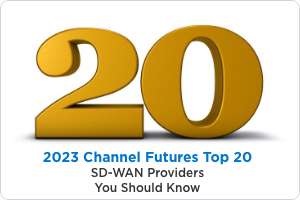 2023 Channel Futures Top 20:というテキストの上の金色の20という数字知っておくべきSD-WANプロバイダ。
