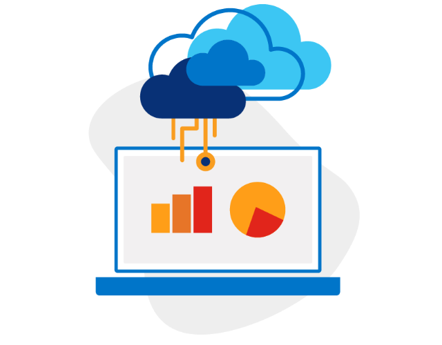 Illustration of a laptop screen with two graphs below several clouds with orange lines connecting them