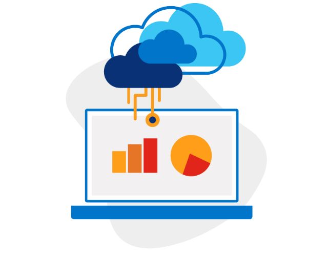 Illustration of a laptop screen with two graphs below several clouds with orange lines connecting them