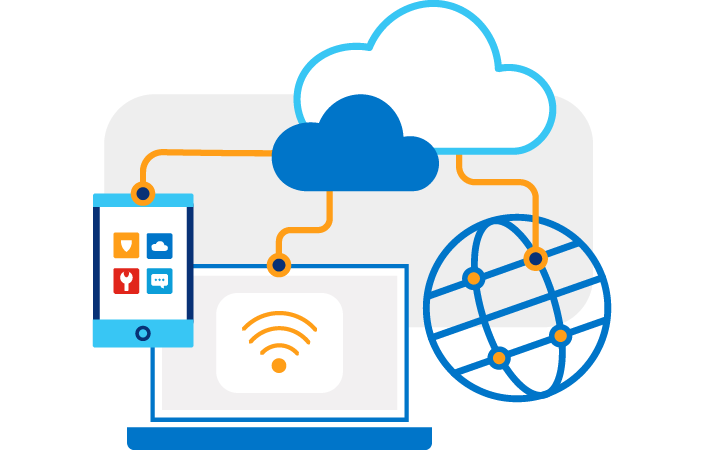 Ilustración de una computadora portátil, una tableta y un globo terráqueo conectados por líneas anaranjadas a dos iconos de nube