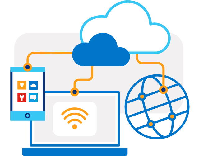 Imagem de nuvens com linhas conectadas a um tablet, laptop e ícone de globo