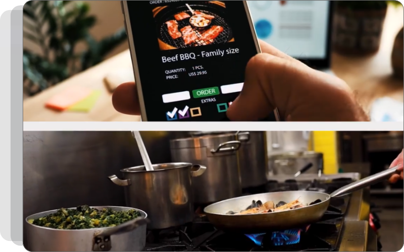 A side-by-side comparison image of a person ordering food on their phone and food being cooked on a stove.