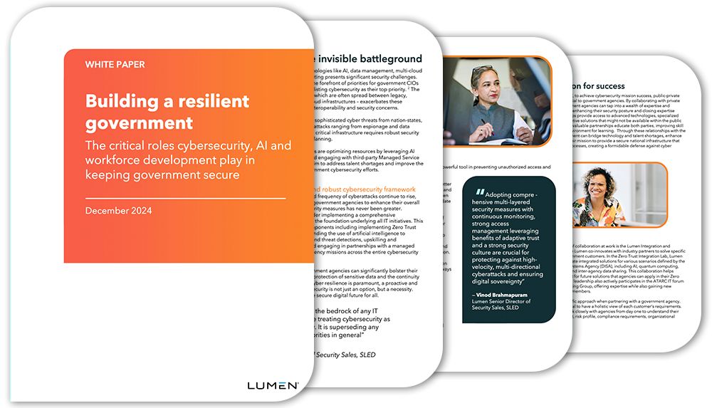 Four pages of the report “Building a resilient government” laid out slightly overlapping from left to right.