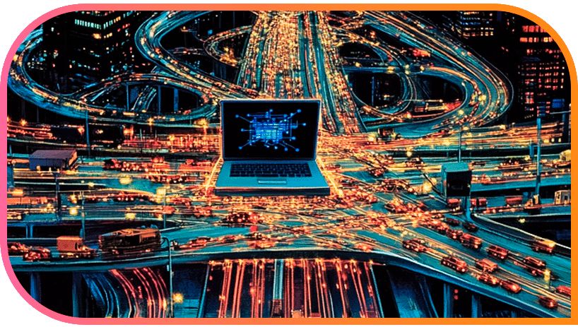 Aerial view of a busy highway interchange at night with illuminated trails of traffic overlaid with a laptop displaying  a computer network 