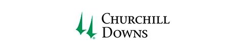Churchill Downs logo with triangular green figures representing the twin spires atop the racetrack’s grandstands and company name in black text.