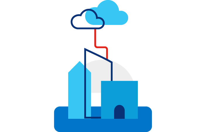 Ilustração de prédios em uma cidade, com uma linha conectando-os às nuvens