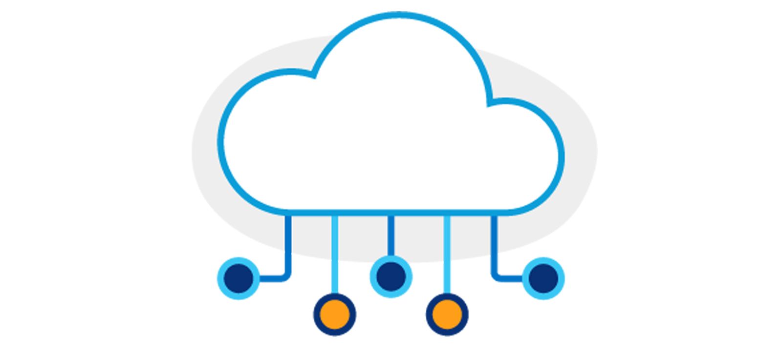 Illustration of a cloud icon with dark and light blue lines coming out of the bottom