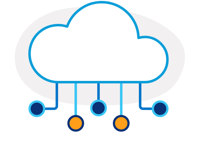 Illustration of a cloud icon with dark and light blue lines coming out of the bottom