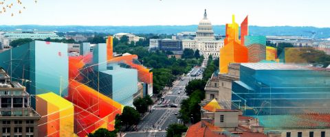 Blue and orange digital city landscape overlapping real city background