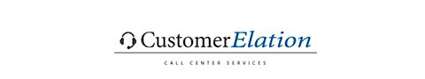 CustomerElation logo in serifed lettering with phone headset to the right and call center services spelled out underneath. 