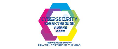 Icon made up of multiple colors with a text overlay stating "cybersecurity breakthrough award 2022