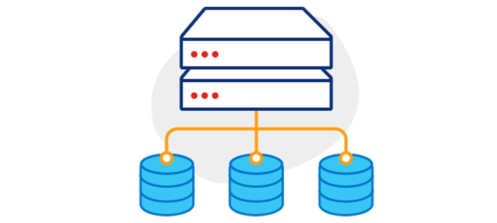 Ilustration of a server stack with three orange lines connecting to three stack icons  