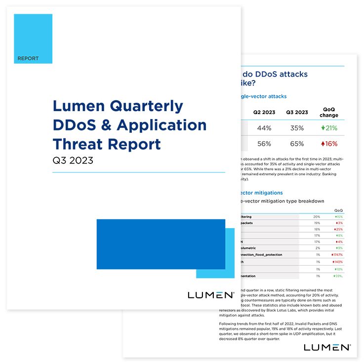 Cover page of Lumen Quarterly DDoS Report Q1 2023 over an inner page. 