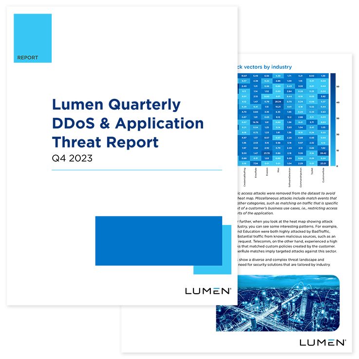 Cover page of Lumen Quarterly DDoS Report Q1 2023 over an inner page. 