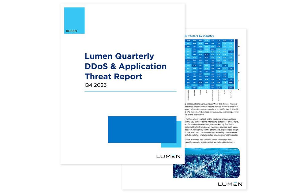 Cover page of Lumen Quarterly DDoS Report Q4 2023 over an inner page. 