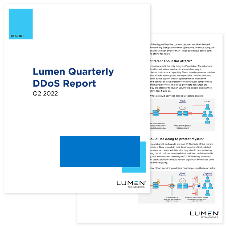 Cover page of Lumen Quarterly DDoS Report Q2 2022 over an inner page. 