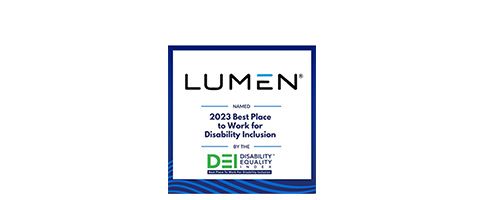 障害者平等指数（DEI）の2023年度障害者インクルージョンにおいて最も働きやすい職場のアワードを示すバッジとLumenのロゴ