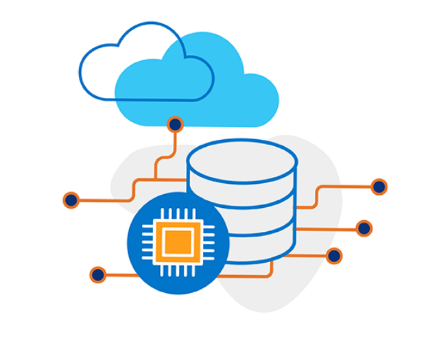 Illustration of a server stack with an icon of a computer chip in front and cloud icons above