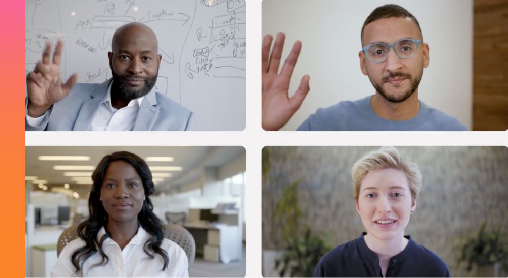 Thumbnail image of a video showing four people, each in separate frames, with a play button in the centre.