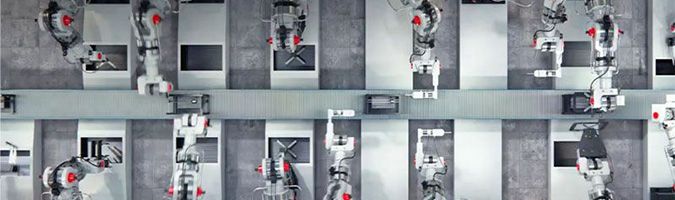 Overhead view of a robot assembly line