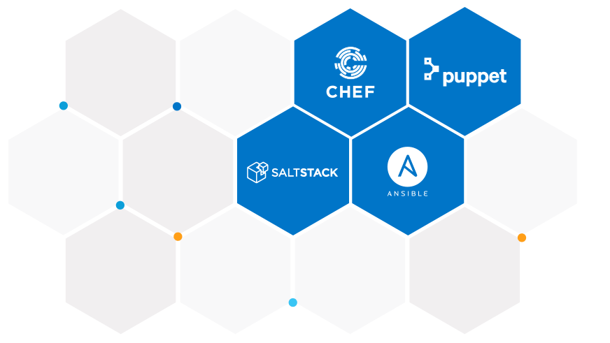 Logos for Chef, Puppet, Saltstack and Ansible in honeycomb=shaped graphic