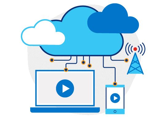 Illustration of clouds with lines connecting to a computer, mobile device and radio tower