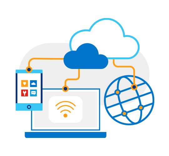 Illustration of laptop, cell phone and globe all interconnected as nodes on network cables from hybrid clouds above.  