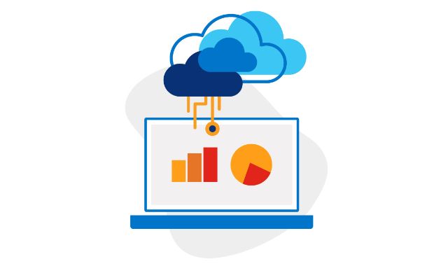 Illustration of a laptop screen with two graphs below several clouds with orange lines connecting them