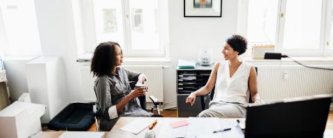 Two people sit at a desk in a brightly lit office and converse