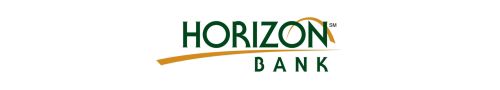 Graphic block logo with Horizon Bank underlined with arch through the last letters