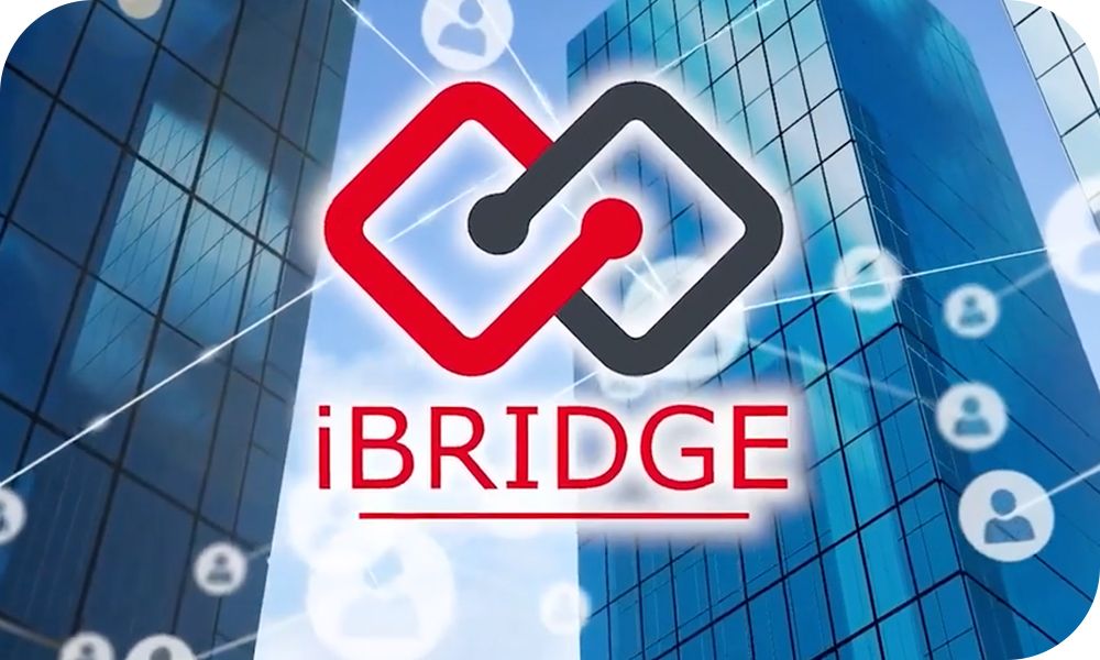 Two glass and steel skyscrapers recede into sky with iBridge logo in middle connecting icons of network and people