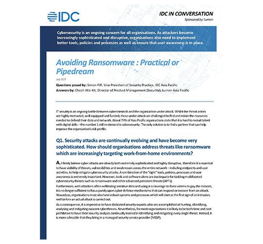 Screen shot of the  first page of IDC in Conversation: Avoiding ransomware: practical or pipedream.