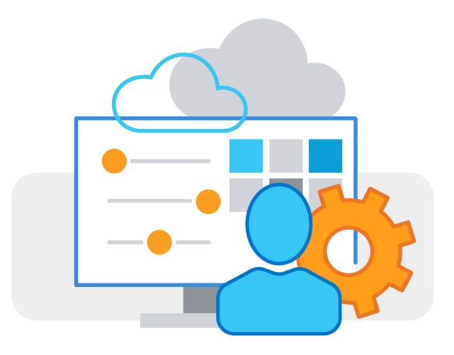 Illustration of monitor with cloud, person and cog images around it