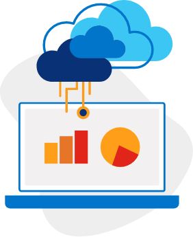 Illustration of laptop displaying bar and circle charts connected virtually to the cloud above. 