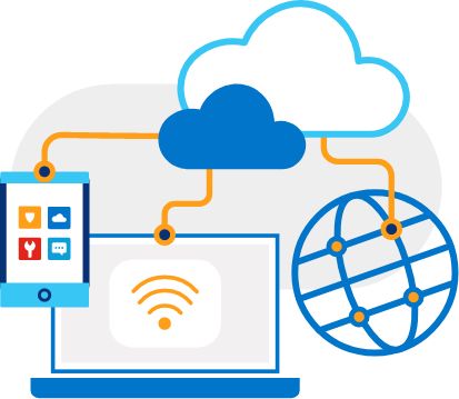 Illustration of open laptop connected by virtual lines to cell phone, cloud and globe with network. 