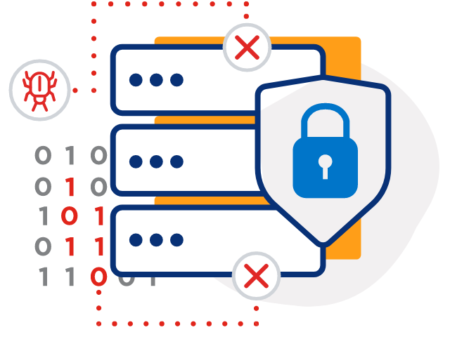 Illustration of a server stack with a lock icon in front and red dots connecting to a cyber bug