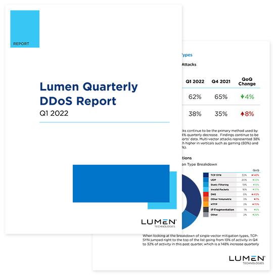 Cover page of Lumen Quarterly DDoS Report Q2 2022 over an inner page. 